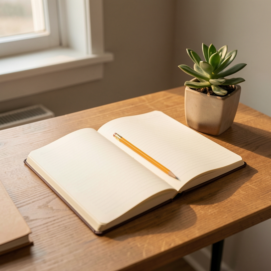 A minimal editorial workspace: open notebook, pencil, and a small potted plant on a wooden desk in soft warm light, representing quiet focused observation