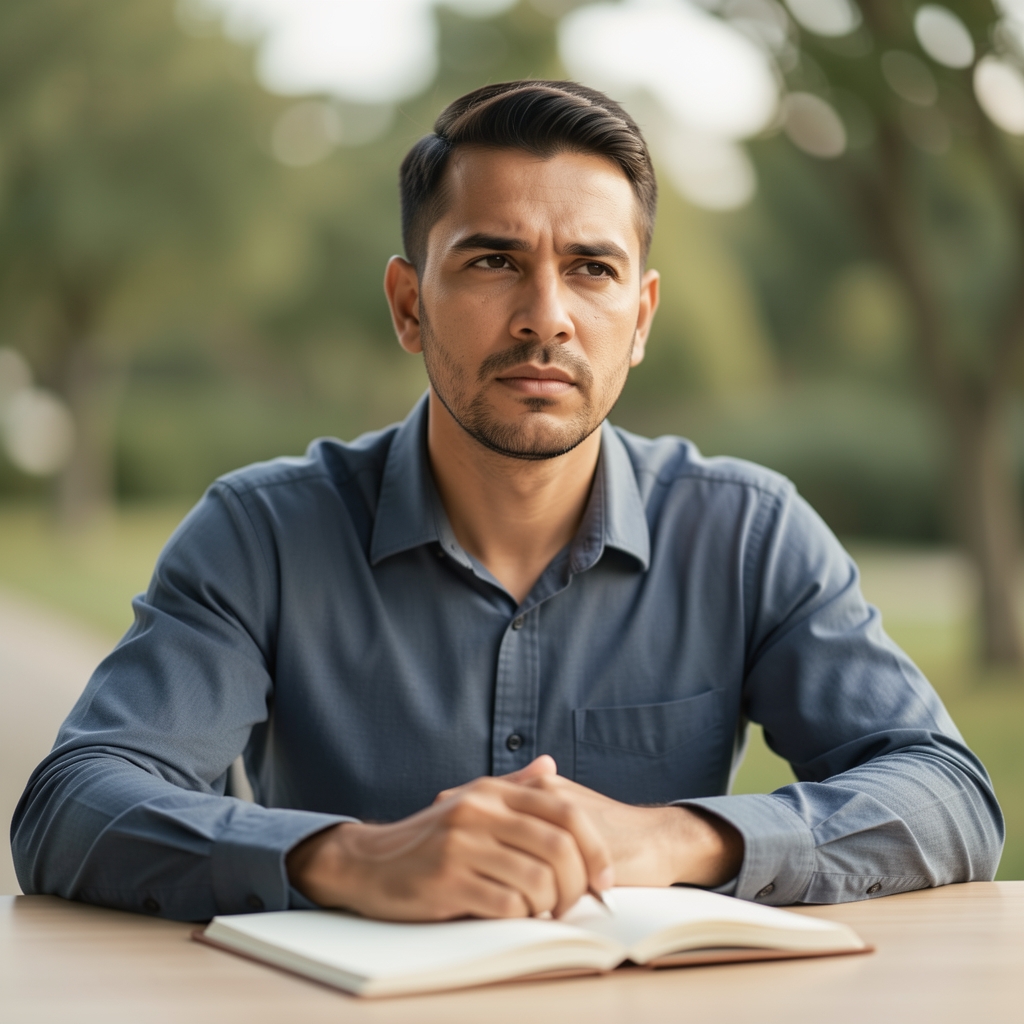 Editorial portrait of a man at a minimal desk with an open notebook, natural overhead light, thoughtful and attentive expression