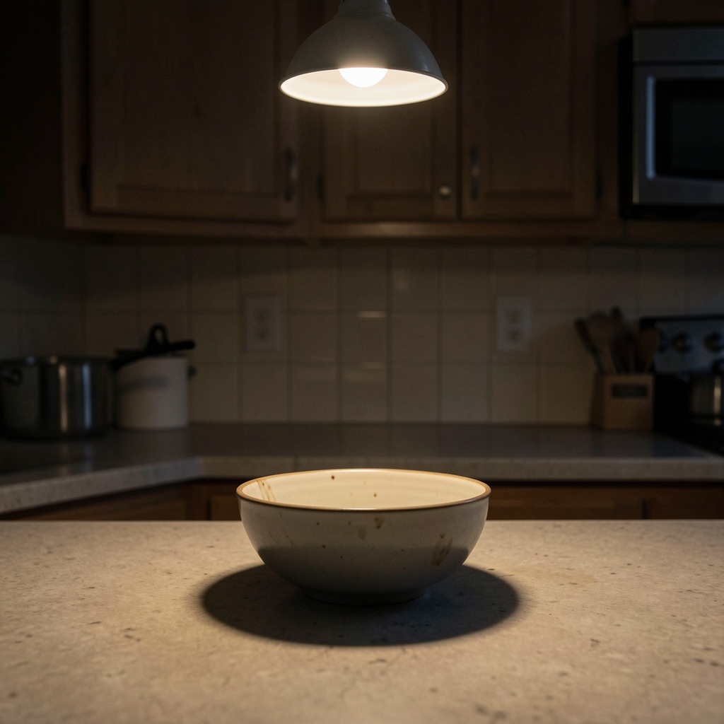 Late evening kitchen scene with a single dim overhead light, a half-empty bowl on the counter, shadows creating a sense of fatigue and restless appetite
