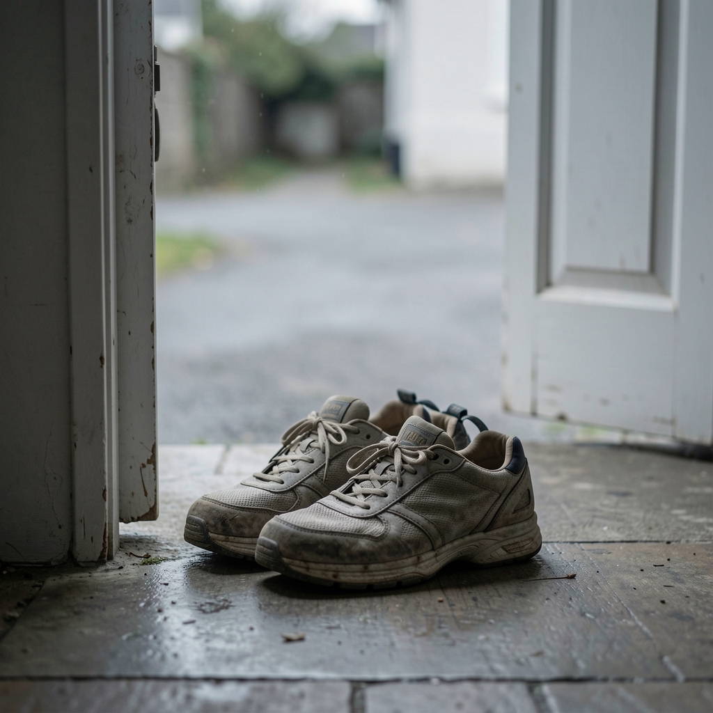 A pair of worn trainers near an open doorway on a grey afternoon, suggesting minimal movement and quiet physical effort on a low-energy day