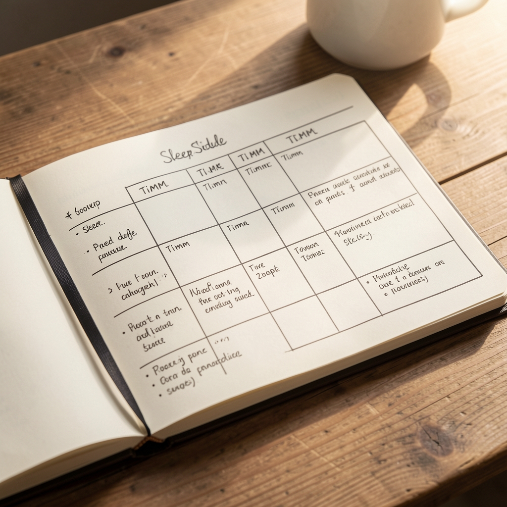 Notebook open to a hand-drawn sleep schedule with time blocks and small written notes, resting on a wooden surface in soft morning light